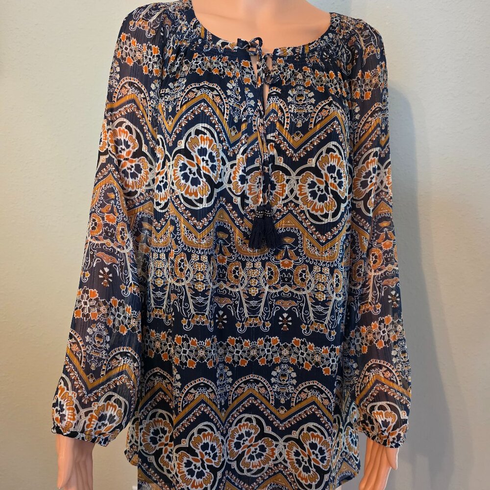 Daniel Rainn Bohemian Style Long Sleeve V Neck Tie Blouse, Size XL
